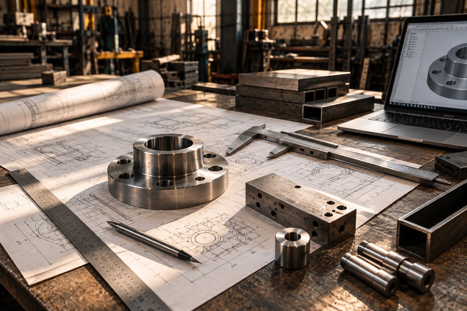 Planos técnicos, calibre y piezas mecanizadas sobre la mesa